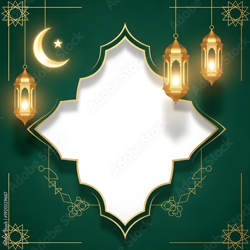 Golden Lanterns Crescent Moon Star Elegant Islamic Frame Green Background Design