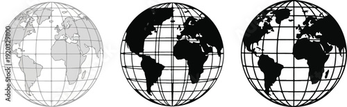 Minimalist vector earth globes in different line weights and shading