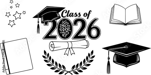 Class of 2026 graduation cap design elements set in black and white
