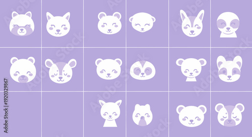 Collection of cute animal face icons.