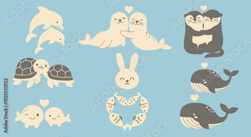 Cute cartoon sea and land animals.