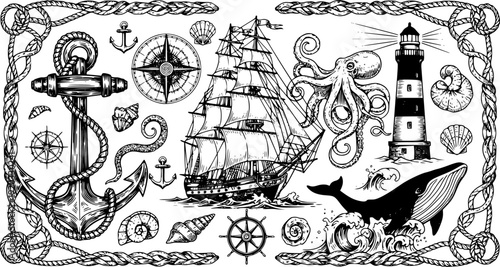 Classic nautical elements illustration featuring vintage sailing ships, intricate anchors, detailed lighthouses, a mysterious octopus, majestic whales, and coiled ropes meticulously arranged