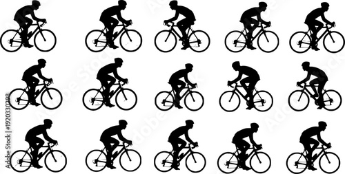cyclist vector icon. collection of silhouettes of people cycling in different positions. bike, cycle, cyclist, ride, vector, bicycle, man, icon, people, illustration, woman, girl, boy, mountain