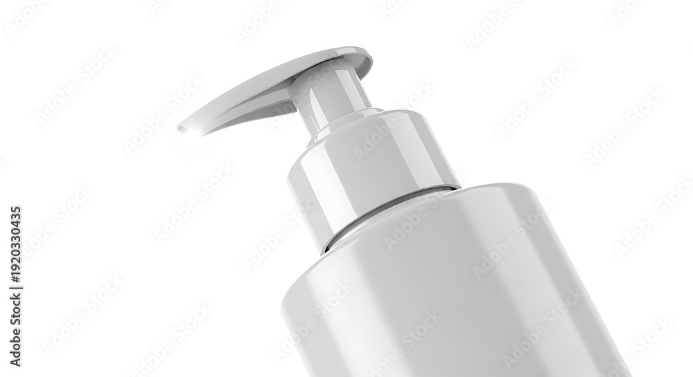 Fototapeta premium Close-up of a white pump dispenser bottle on a white background.