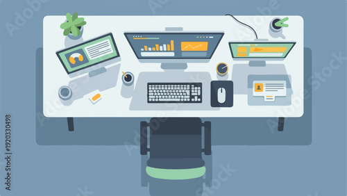 Overhead view of a modern workspace with computer, keyboard, mouse, monitor, and office supplies on a white desk against a blue background.