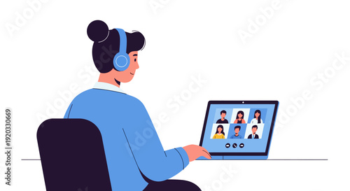 Individual engaging in a virtual video call on a laptop, connecting with a group of people for an online meeting or family gathering