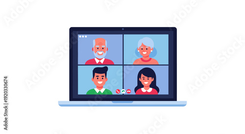 Business meeting with four people on a laptop screen via video call
