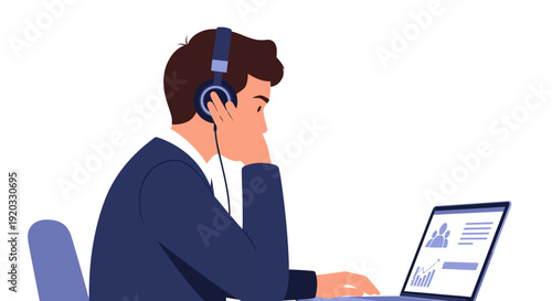Focused Young Man in Headphones Working Diligently on Laptop for Online Business, Communication, or E-learning, Professional Vector Illustration
