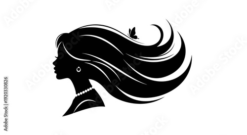 Elegant minimalist illustration of a woman’s side profile with flowing hair, pearl necklace, and butterfly accent.