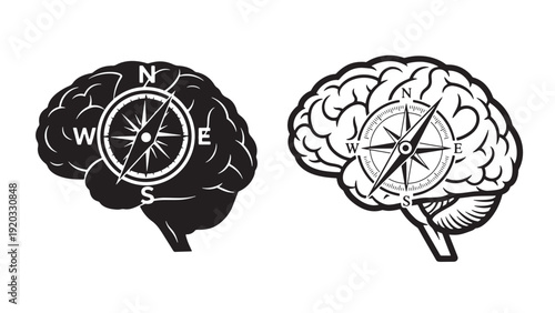 Cognitive Mapping Brain Icon with Compass for Neuroscience Navigation and Cognitive Assessment