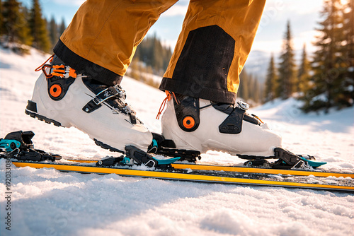 Close Up of Ski Boots Locked in Bindings on Snowy Slope
