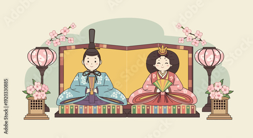 Traditional Japanese Hina Matsuri illustration featuring emperor and empress dolls in elegant kimono, decorated with lanterns and cherry blossoms.