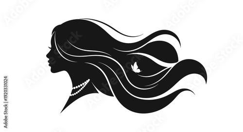Elegant minimalist illustration of a woman’s side profile with flowing hair, pearl necklace, and butterfly accent.