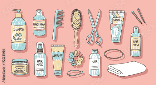 Hand drawn collection of hair care products and accessories for beauty and personal hygiene routine isolated on pink background