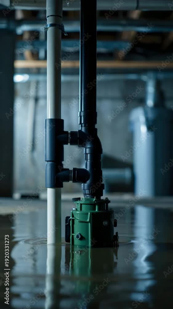 Submerged Overflow Submersible sump pump system operating in flooded basement, vertical ...