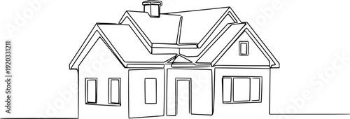 Continuous line drawing of a house silhouette with gabled roof and chimney