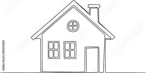 Continuous line drawing of a house silhouette with gabled roof and chimney