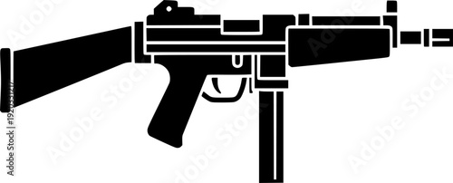 Firearm silhouette set, rifles, pistols, shotguns, submachine guns, grenade, rocket launcher, weapon collection, military arsenal, tactical gear, black vector illustration