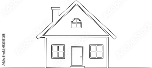 Continuous line drawing of a house silhouette with gabled roof and chimney