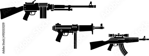 Firearm silhouette set, rifles, pistols, shotguns, submachine guns, grenade, rocket launcher, weapon collection, military arsenal, tactical gear, black vector illustration