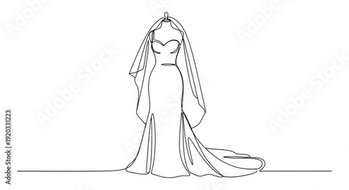Continuous one line drawing of dress on mannequin. Wedding dress in one line style, isolated on white background. Vector illustration.