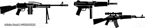Firearm silhouette set, rifles, pistols, shotguns, submachine guns, grenade, rocket launcher, weapon collection, military arsenal, tactical gear, black vector illustration