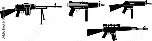Firearm silhouette set, rifles, pistols, shotguns, submachine guns, grenade, rocket launcher, weapon collection, military arsenal, tactical gear, black vector illustration