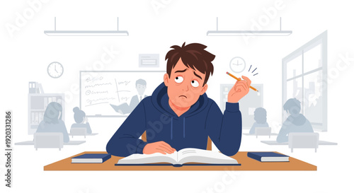 Stressed and exhausted young student struggling with difficult studies, experiencing academic burnout and lack of concentration while reading a book in a classroom
