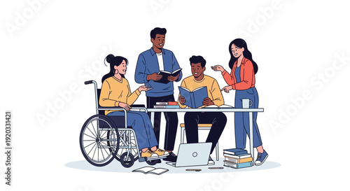 Diverse group of students collaborating on an academic project, fostering an inclusive learning environment and promoting teamwork and accessibility