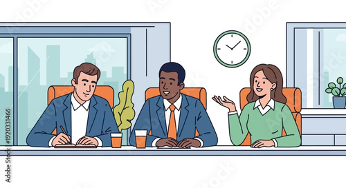 Colleagues in a modern office discussing projects around a table, with a clock on the wall indicating time
