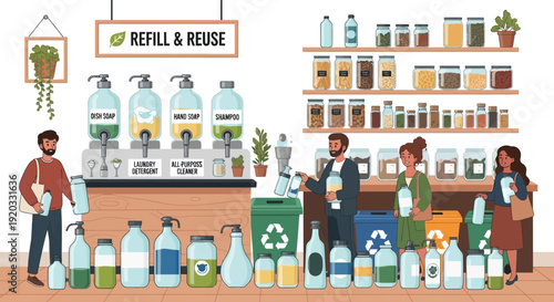 Individuals actively participate in eco-friendly shopping at a zero-waste refill store, bringing their own containers to replenish sustainable products and minimize environmental impact