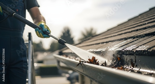 Man Using Pressure Washer To Clean Gutters On Roof Of House