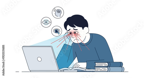 Young man suffering from digital eye strain and headaches due to excessive screen time and intense study, illustrating modern work-related health issues