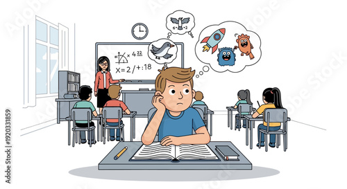 Young Boy Daydreaming with Vivid Imagination in a School Classroom While Teacher Teaches Math, Illustrating Childhood Distraction and Creativity During Learning