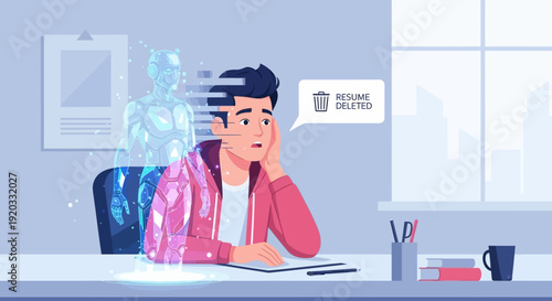 Anxious young man facing job loss as artificial intelligence impacts career prospects, symbolizing the struggle of human workers in an increasingly automated world
