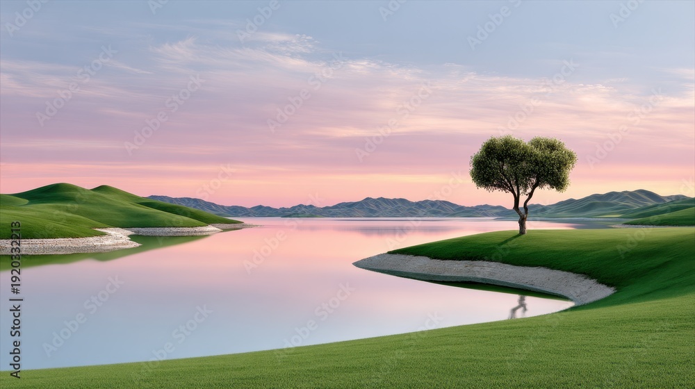 Naklejka premium A serene landscape featuring a calm lake, gently rolling green hills, and a solitary tree under a pastel sky at sunset.