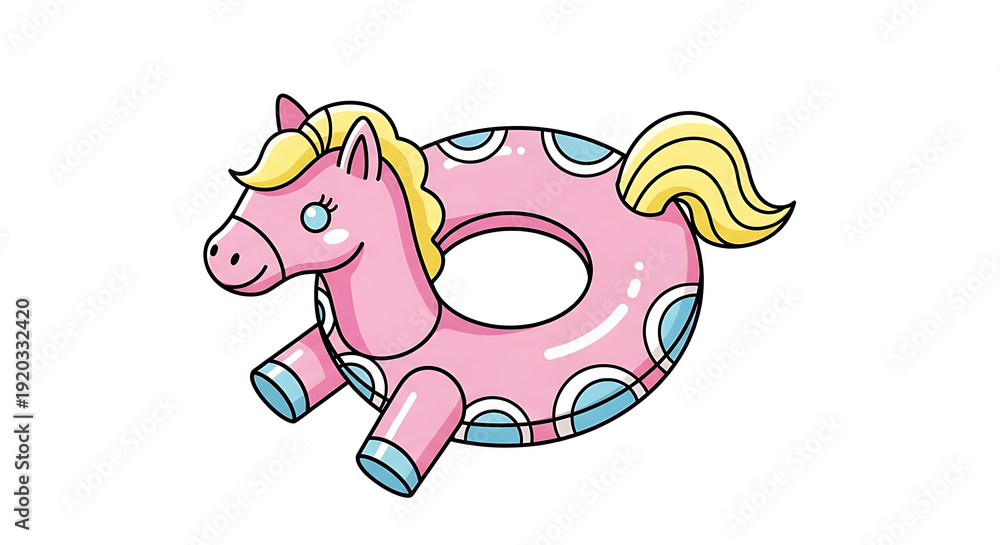 Fototapeta premium Cartoon horse shaped inflatable swimming ring with pink and blue colors.