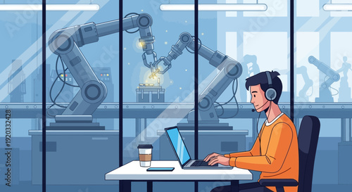 Engineer monitors automated robotic arm production line in a factory with a laptop and coffee cup at desk