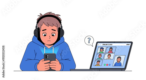 Distressed young boy wearing headphones, holding a smartphone, with a laptop screen showing a video call with worried faces, symbolizing online learning anxiety and remote education challenges