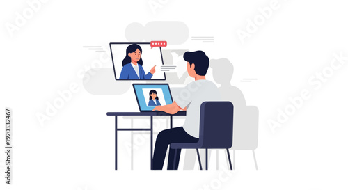 Man attending online class via laptop with a woman teaching on screen