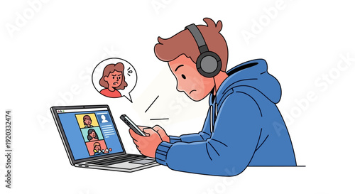 Young person distracted by smartphone while participating in a virtual meeting on a laptop, illustrating modern digital multitasking and attention challenges