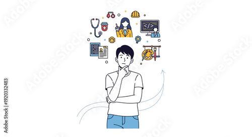 Thoughtful young man exploring diverse career options and future professional paths, surrounded by symbols of job roles, representing life choices and personal development