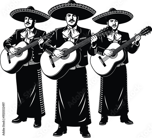 Cinco De Mayo Mariachi Trio Guitar Performance Illustration, Silhouette, vector
