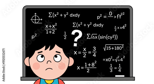 A confused young student stands in front of a chalkboard filled with complex mathematical equations, questioning the difficulty of the subject matter