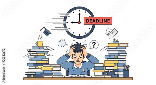 Overwhelmed student struggling with a huge pile of books and assignments against a ticking clock, symbolizing deadline pressure and academic stress