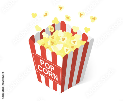 Popcorn flying out of red white striped paper box isolated on white background. Splash, levitation of popcorn grains