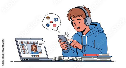 Student captivated by smartphone notifications, with a video conference on laptop, illustrating digital distractions during online learning