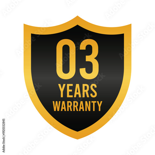 3 Years Warranty Shield, Realistic Golden Shield Warranty Vector Illustration.