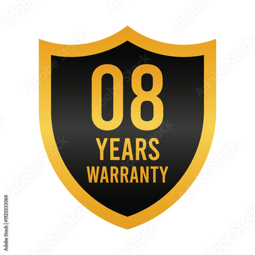8 Years Warranty Shield, Realistic Golden Shield Warranty Vector Illustration.