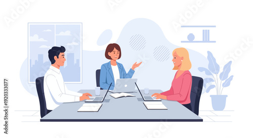 Business professionals collaborating in a modern office meeting, discussing project strategies and teamwork in a productive and professional environment
